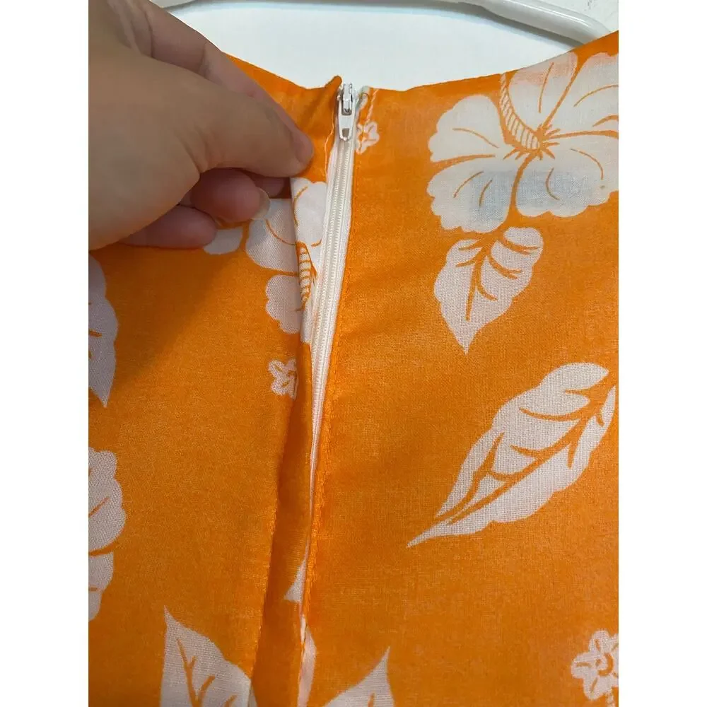 Vtg Andrade Honolulu Hawaiian maxi dress flutter sleeve hibiscus print S 60s 70s